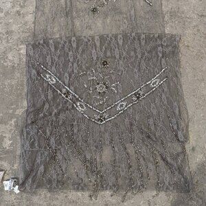 Sue Wong Evening 10 Scarf Shawl Runner Large Big Hand Bead Lace Platinum Silver